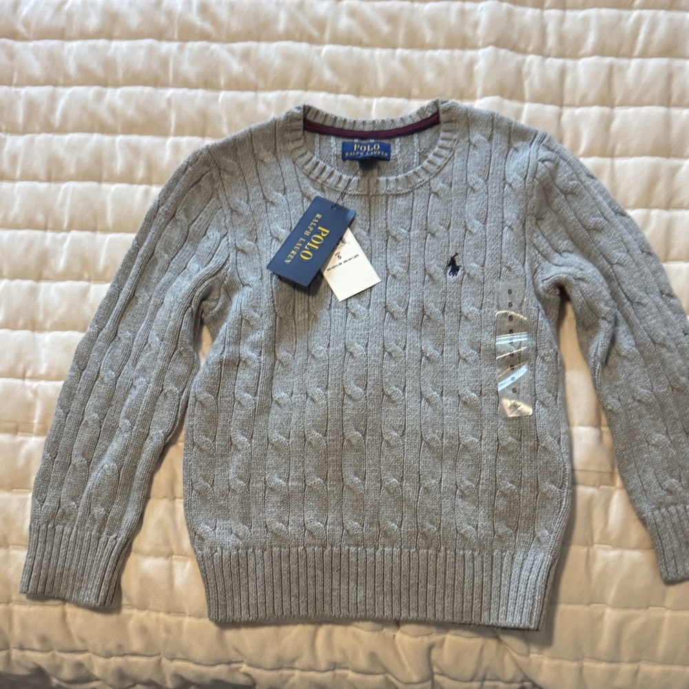 NWT, young boys sz 5 Polo by Ralph Lauren Light Gray Cable Knit Crewneck Sweater